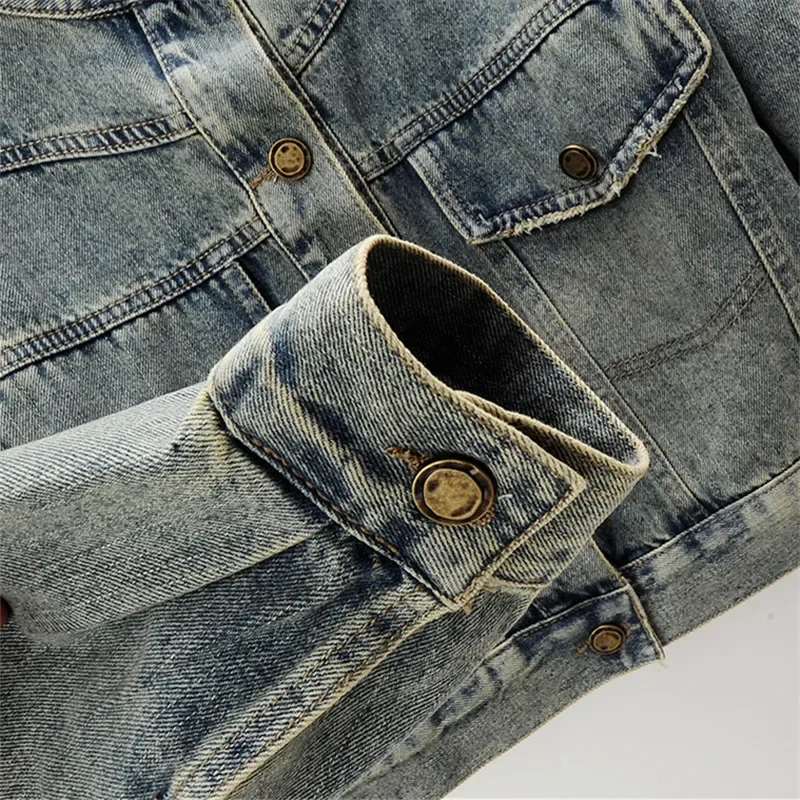 

Vintage Blue Denim Jacket Women Cowboy Outwear Spring Autumn Slim Short Big Pocket Stand Collar Back Zipper Jeans Jacket Female