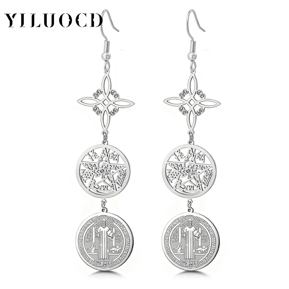 Triple Protection Amulet Drop Earrings Witch Knot Pentagram Tetragrammaton St. Benedict Pendent Stainless Steel Jewerly