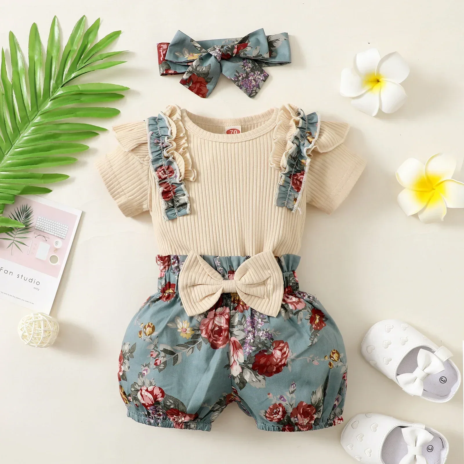 Summer Newborn Baby Girl Clothes Set Short Sleeve Ruffle Romper Tops Floral Print Shorts Headband Infant Outfits