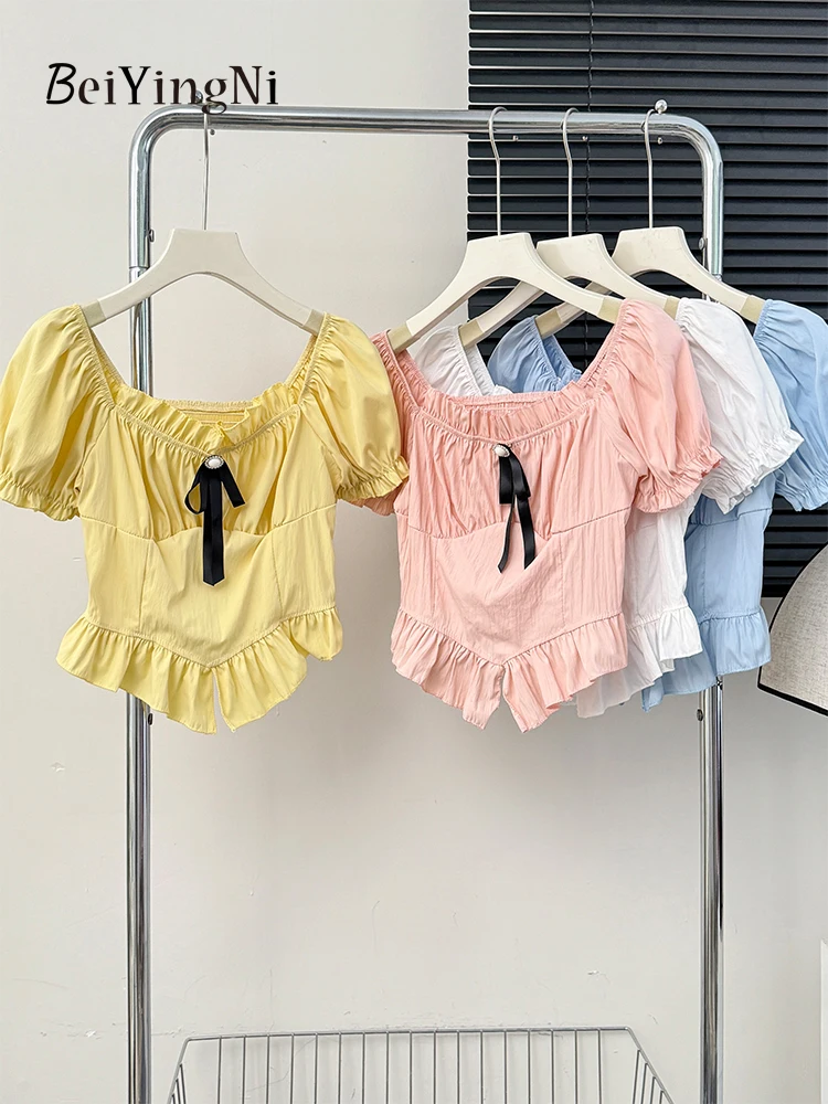 Beiyingni Women Blouses Summer Bow Short Sleeve Ruched Patchwork Yellow Tops Woman Plain Sweet Kawaii Stylish Blusas And Shirts