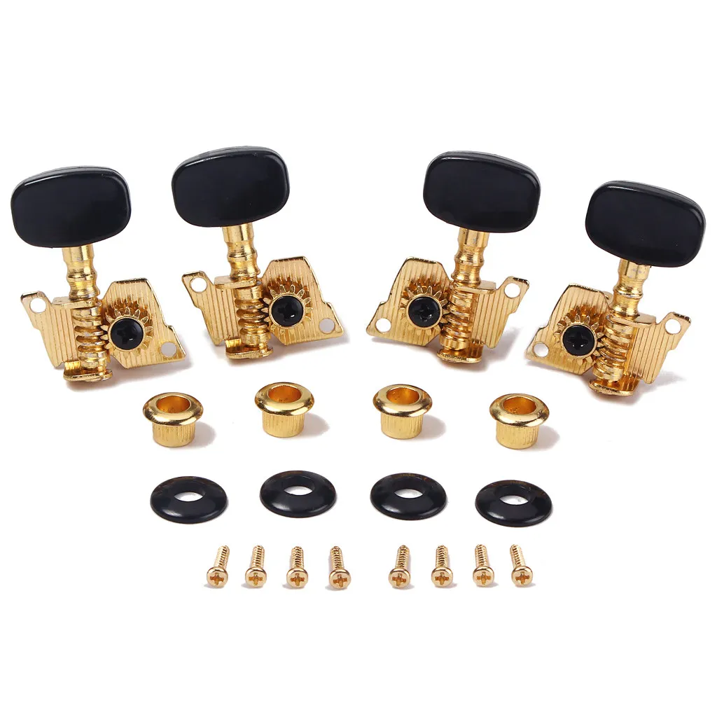 2R2L Ukulele Tuning Pegs Gold Open Gear Tuners with Black Buttons Complete Mounting Screws Bushings Washers Set 4 String