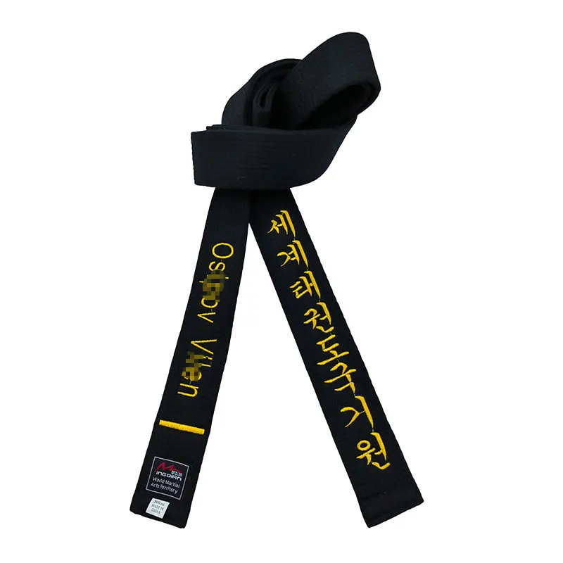

World Taekwondo Kukkiwon Embroidery Gold Korean Black instructor Waistband Width 5cm Polyester Customized Name Dans
