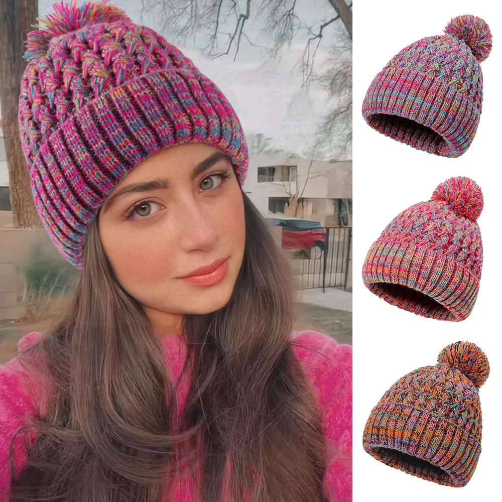 Ladies Single Layer Knitted Hat with Colorful Ball Pom Winter Head Warmth Pineapple Patterned Cap Beanie with pom-pom‌