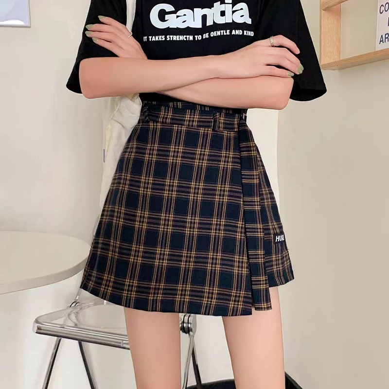 Fashion Printed Lace Up Plaid Irregular Fake Two Pieces Shorts Female Clothing 2024 Summer Loose Casual Zipper High Waist Shorts