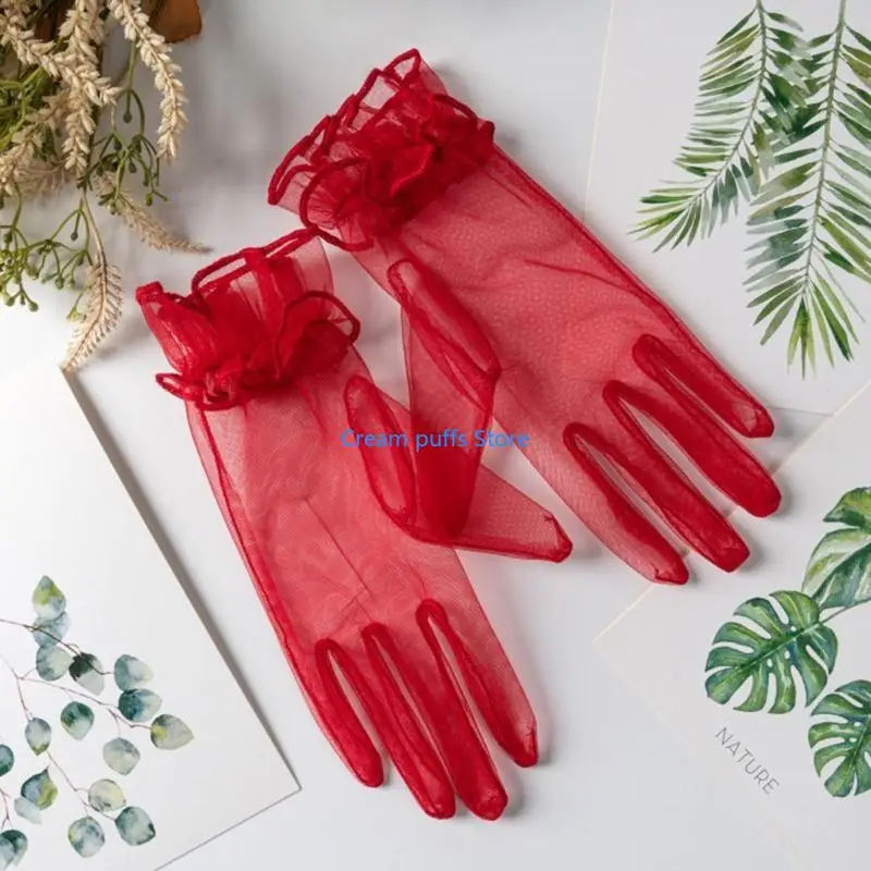 50LE Vintage Full Finger Gloves Short Wedding Gloves Party Gloves Wrist Length Tulle Gloves for Women Girls Concerts