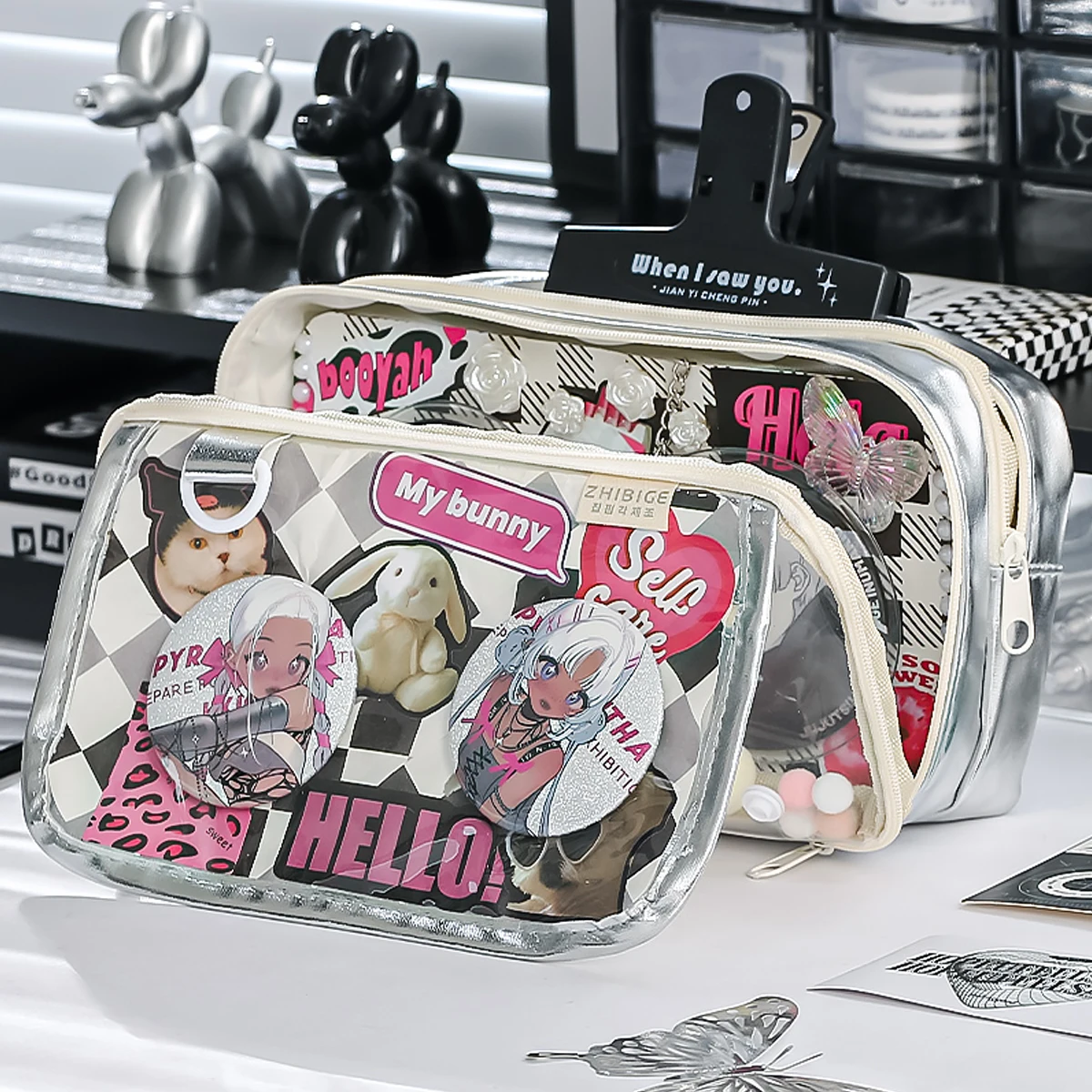 

Новый кожаный пенал Kawaii DIY серебристый полупрозрачный ящик для канцелярских принадлежностей INS стиль большой емкости для хранения канцелярских принадлежностей для студентов