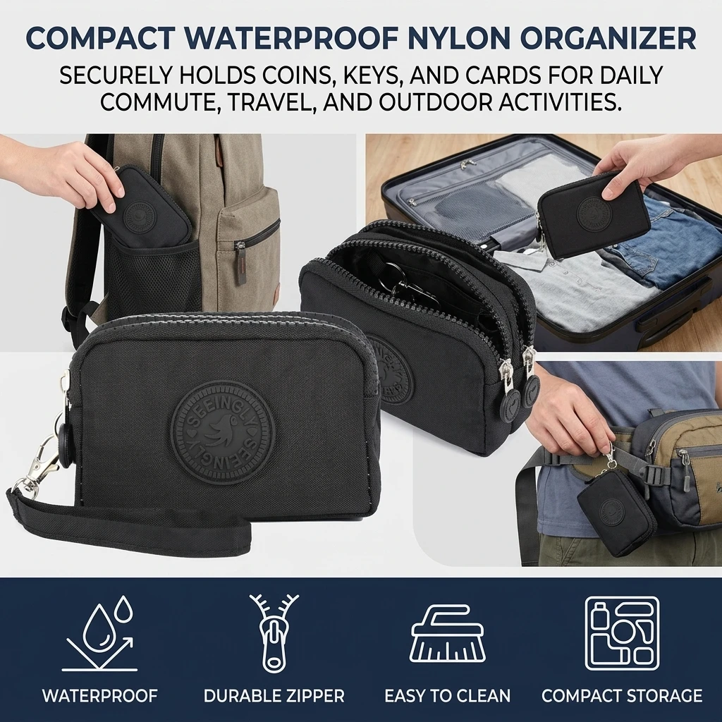 Nylon Waterproof Coin Purse Compact for Daily Commute Travel Pouch with Zipper Key Holder Small Wallet Organizer