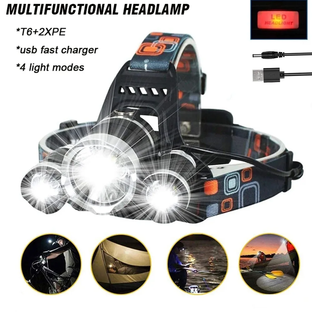 T6 Super Bright Headlamp USB Rechargeable Led Zoom Adjustable Headlamp Torch Fishing Hunting Camping Portable Flashlight Lantern