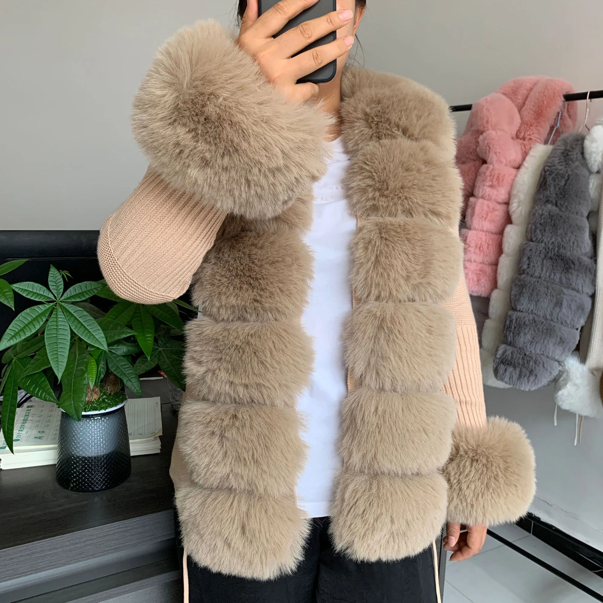 ผู้หญิง Faux FUR ถักเสื้อกันหนาวเสื้อสเวตเตอร์ถักฤดูใบไม้ผลิฤดูใบไม้ร่วง Elegant ถักเสื้อกันหนาว faux Fox FUR COLLAR สุภาพสตรีแฟชั่นเสื้อขนสัตว์