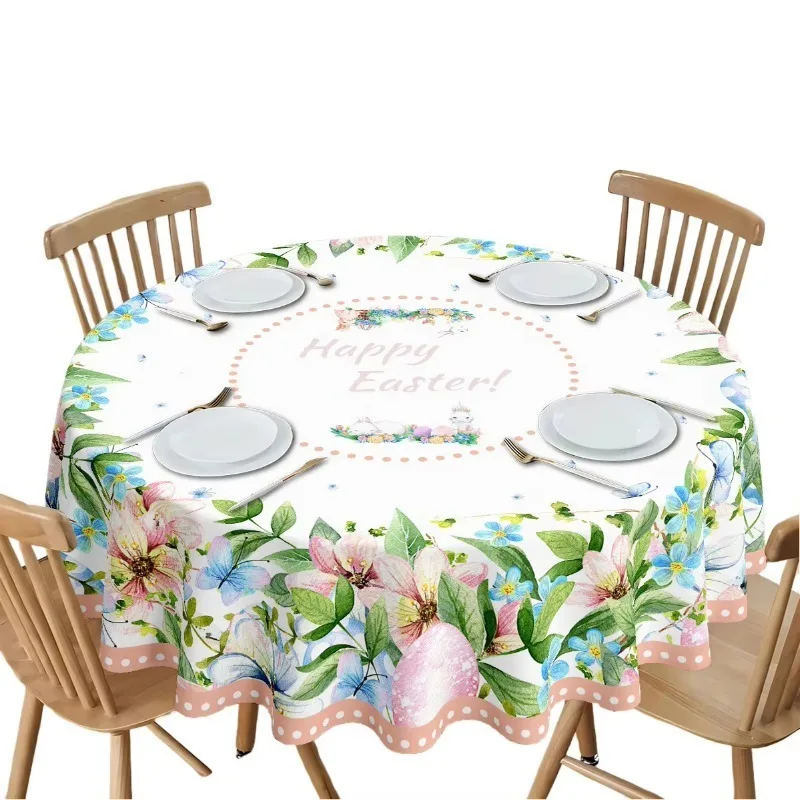 Spring Floral Round Table Cover, Waterproof Easy Clean Decor for Easter Banquet