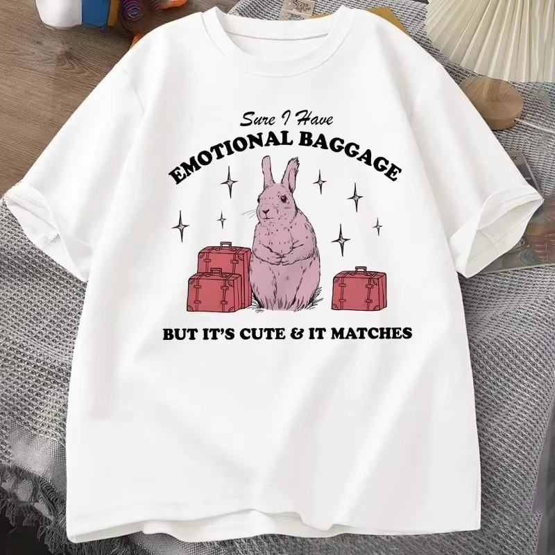 Funny Mental Health T Shirts Women Men Sure I Have Emotional Baggage Vintage Rabbit Tee Shirt Summer Short Sleeve Graphic Tees
