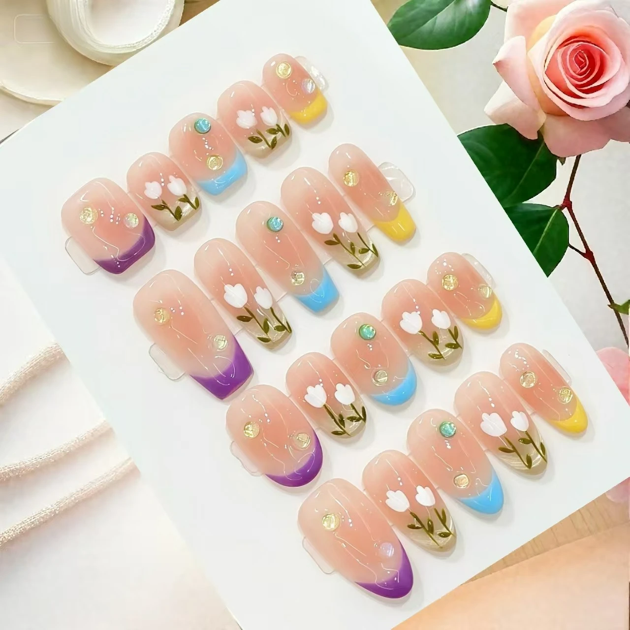 10pcs Macaron Tulip Gradient Cat-Eye Short Nails With 4-PIECE Tools  Super-Strong Nail Adhesive Tabs