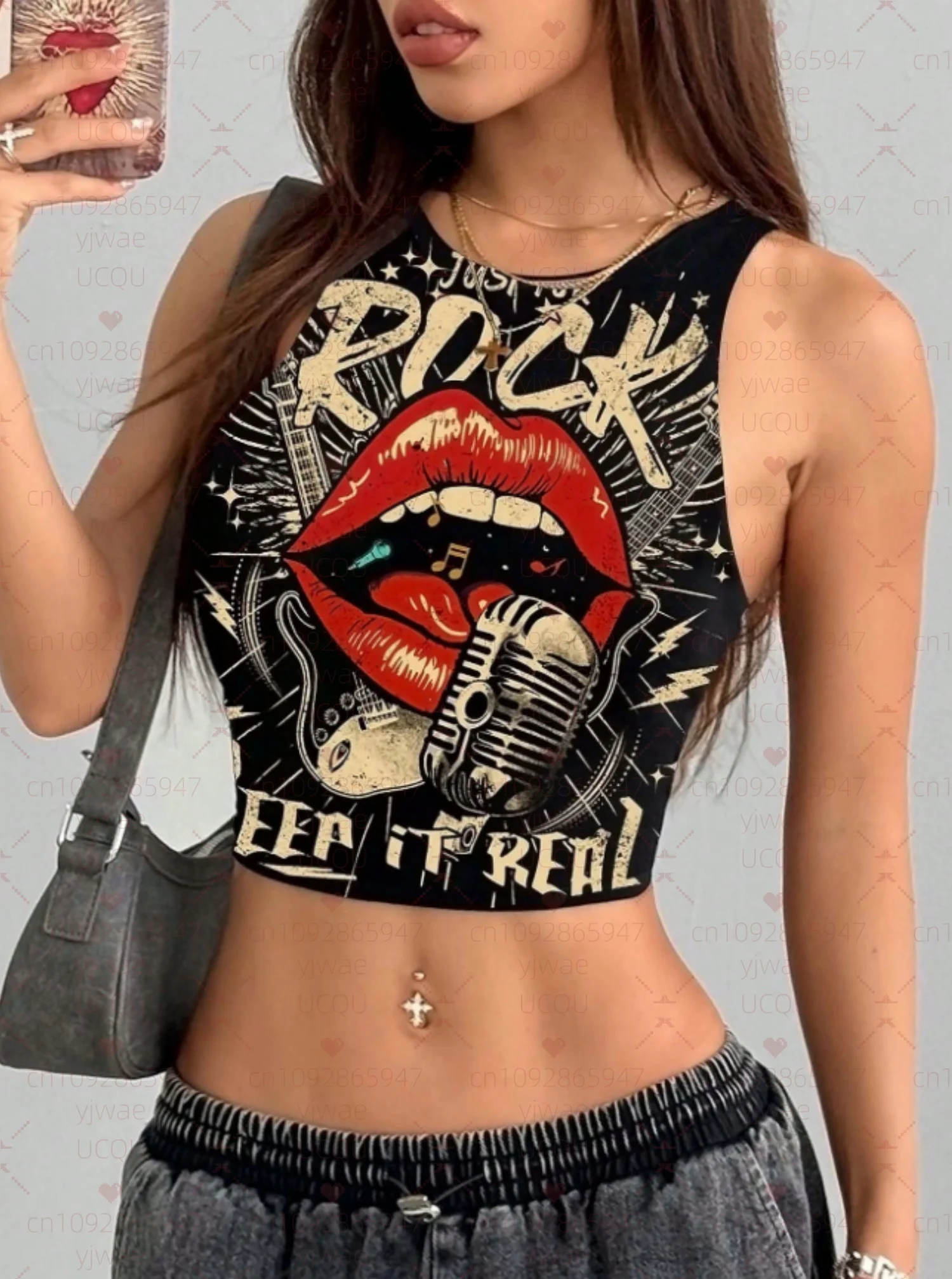 

Women Vintage Rock Roll Microphone Mouth Graphic t-shirt Girls Cool Girls Sexy Fashion cool comfort Harajuku retro vest