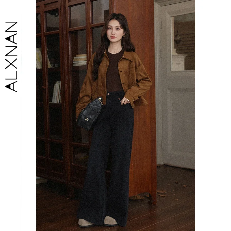 ALXNAN Women's Jeans 2026 Fashion Black Flared Jeans Flap Pockets Wide-leg Straight-leg Casual Commuter Female Trousers L576107