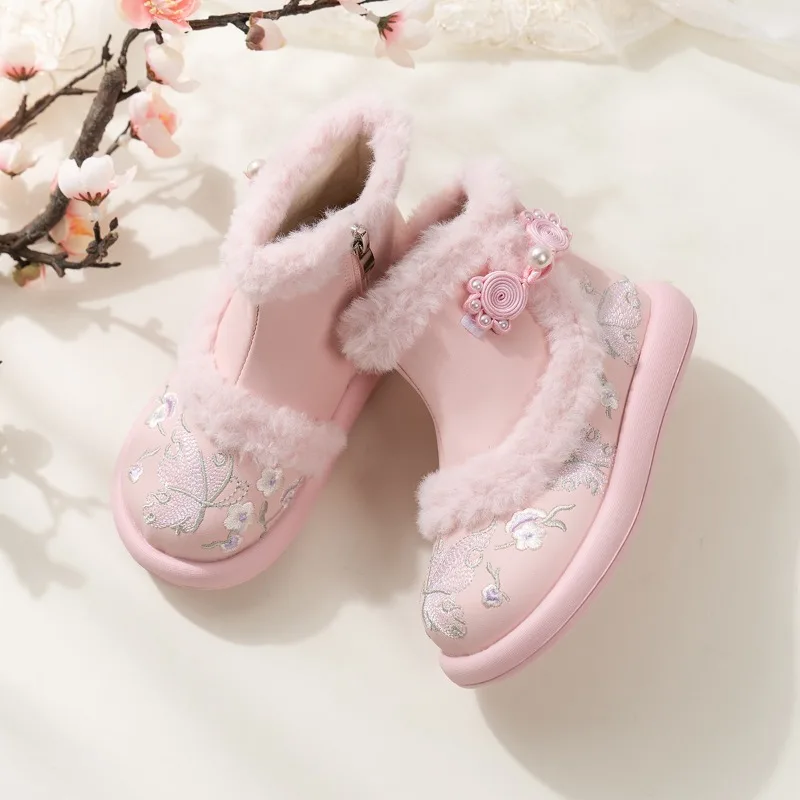 

National Style Winter Girls Furry Hairy Cotton Boots Fashion Warm Kids Embroidered Snow Boots Elegant Sweet Boots for Children