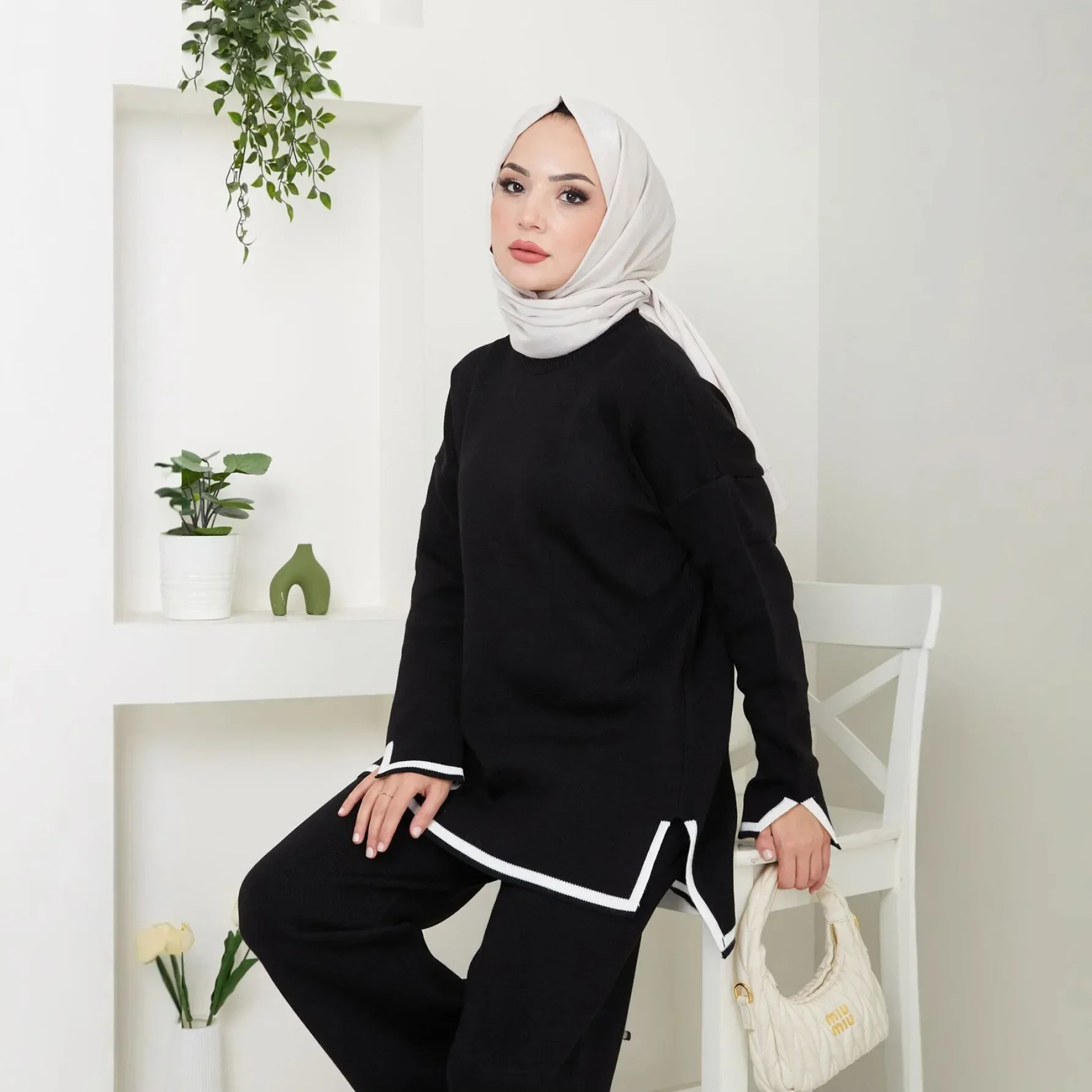 

Ramadan Knitted Sweater Plain 2 Piece Abaya Set Tops Pant Modest Muslim Set for Women Islam Caftan Robe Femme Musulmane Kaftan