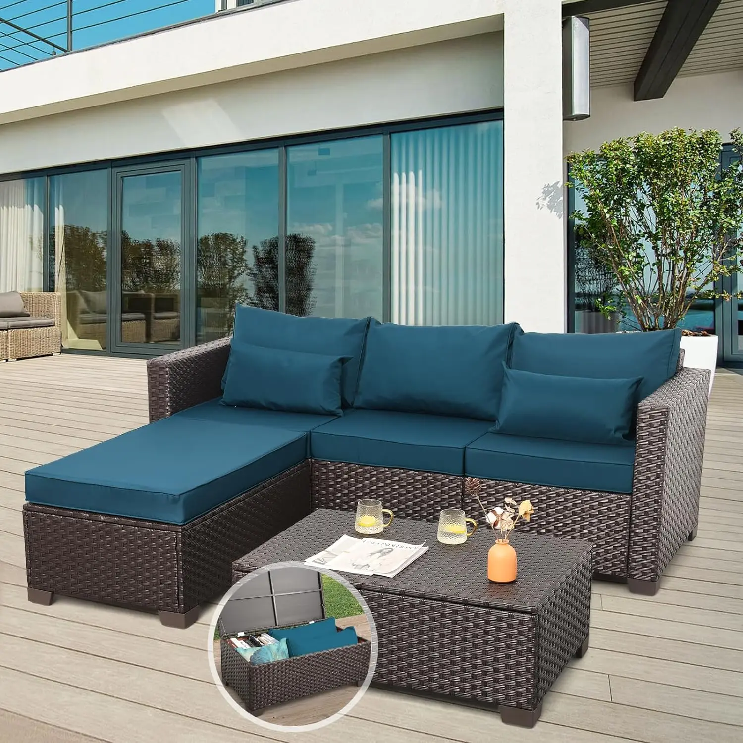 

Furniture Set 3 Pieces Outdoor Sectional Sofa Set Wicker Patio Furniture Patio Couch Outdoor Ottoman Coffee Table with Storage