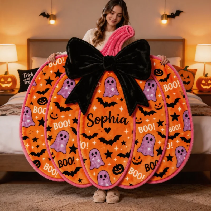 Custom Halloween Pumpkin Throw Blanket Personalized Name Design 2D Flat Decorat Bed Living Room Sofa Throw Covers Cute Xmas Gift