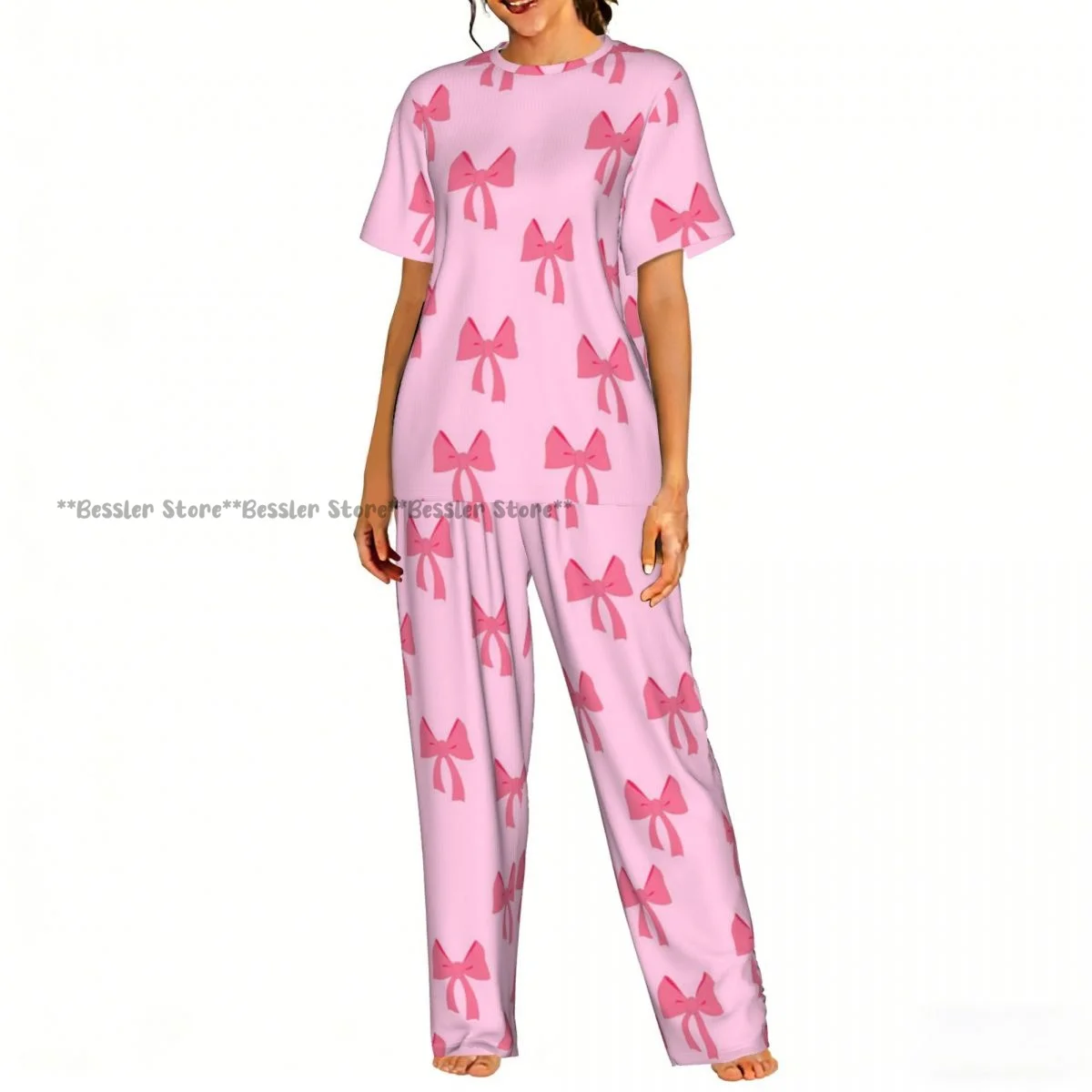 

Women's Comfort Pajamas Women's Pink Bows Background Short Sleeve Set Sleepwear