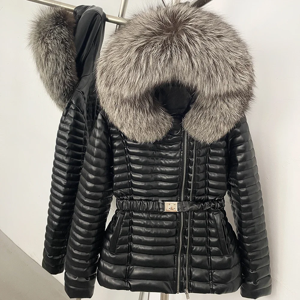 OFTBUY Damen Winter-Daunenjacke mit Echtem Pelzkragen, Gürtel, Langer Puffermantel mit Kapuze, Warme Modische Lässige Oberbekleidung – Detail 6
