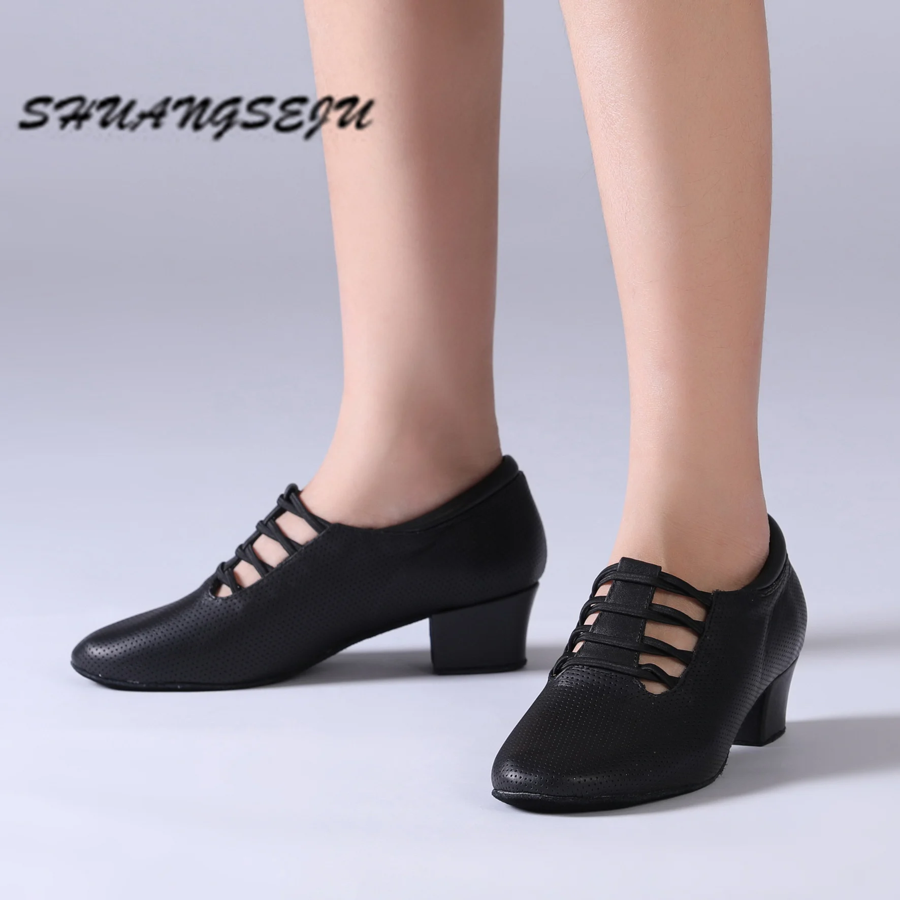 

SHUANGSEJU Adult Latin dance shoes Women's modern dance shoes cowhide closed toe Cha-cha salsa professional training shoes black