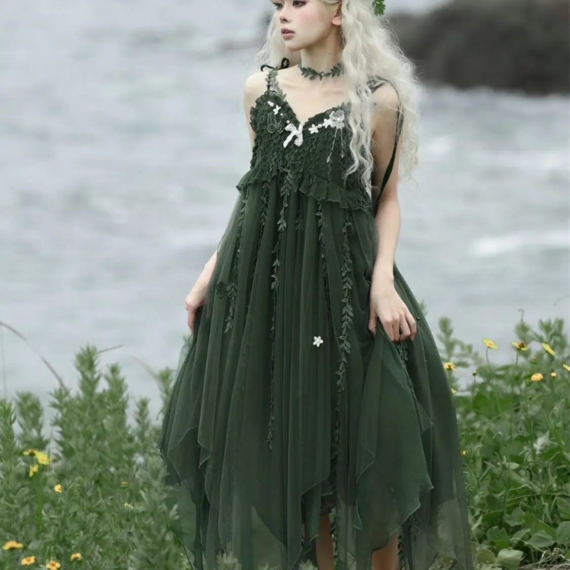 Moss New Chinese Elements Summer Temperament Elegant Antique Slip Dress Lo Leaf Nechlace Choker Green Forest Elf