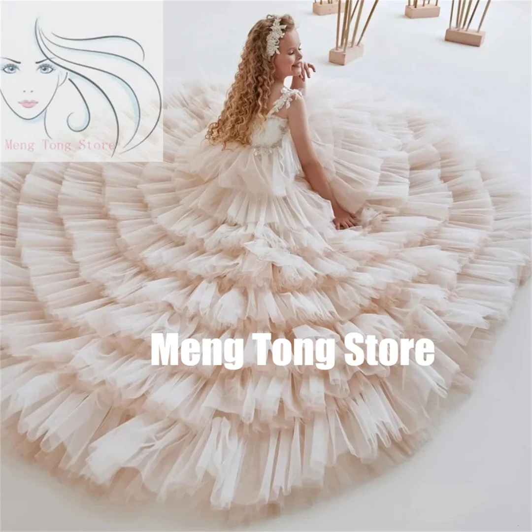 

Customized Flower Girl Dresses Tulle Tiered White Top Appliques Sleeveless For Wedding Birthday Party Banquet Princess Gowns