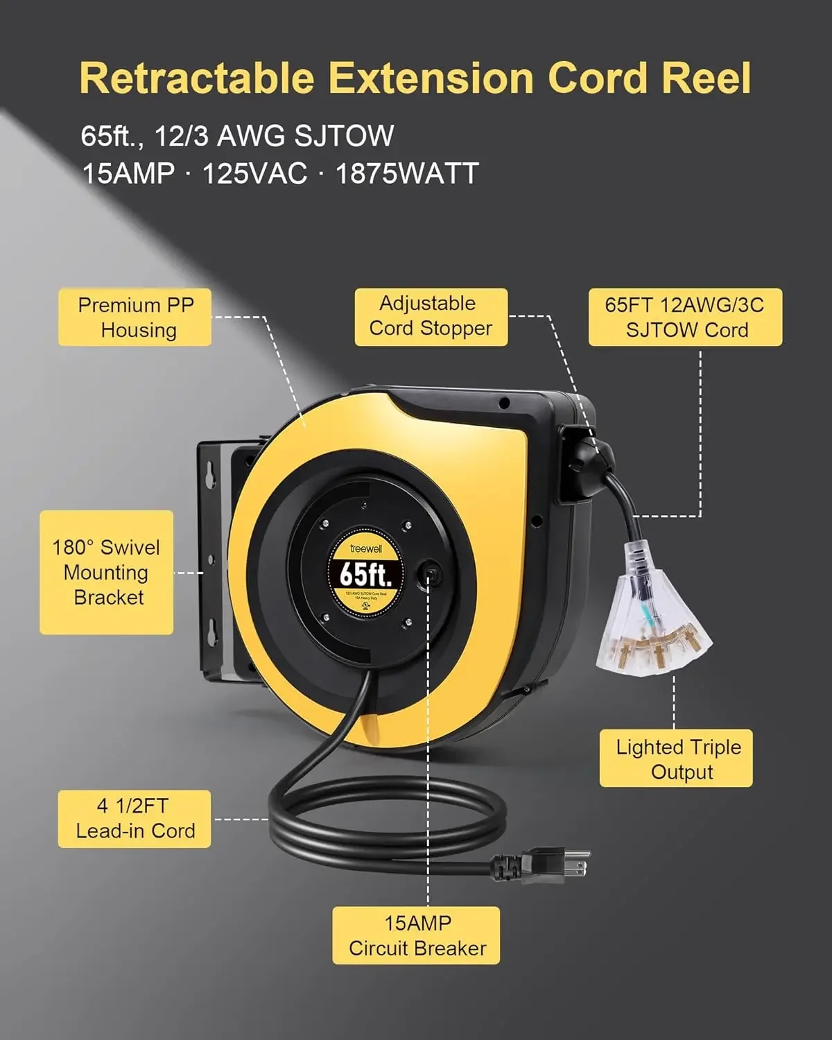 Retractable Extension Cord Reel, 65FT 12AWG 3C Heavy Duty Cord Triple Outlets, 15A Circuit Breaker, 180° Swivel  Mount