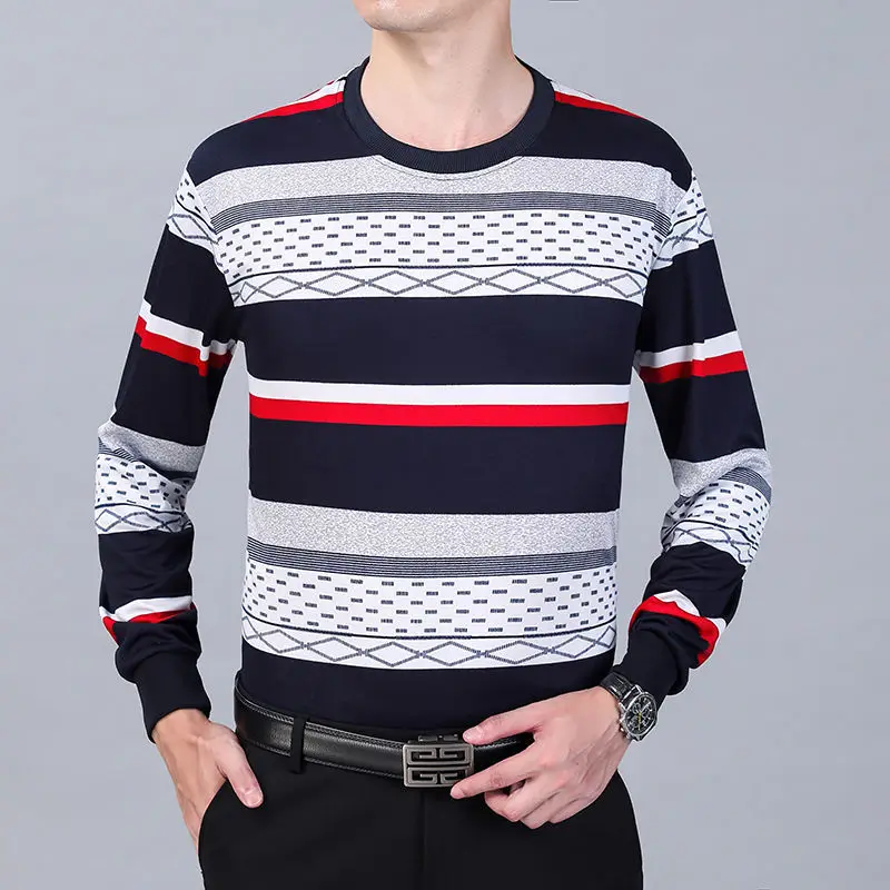 

Korean Fashion Men Bottoming Striped T-shirt Spring Autumn New Male Clothes Round Neck Loose Casual Long Sleeve Pullover Tops