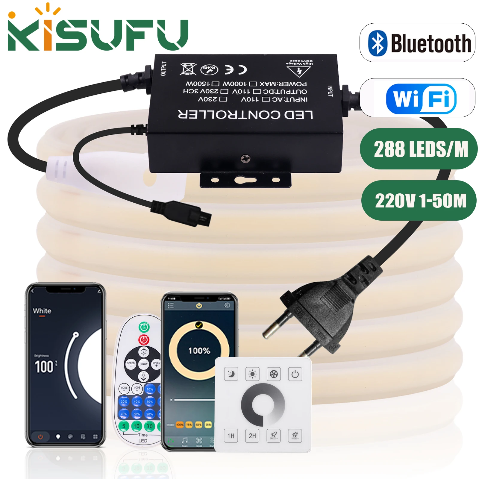 220V Dimmerabile COB LED Neon Strip Light Parete Touch Wifi Bluetooth 23 tasti Kit dimmer remoto 288 LED / M Nastro flessibile in silicone impermeabile