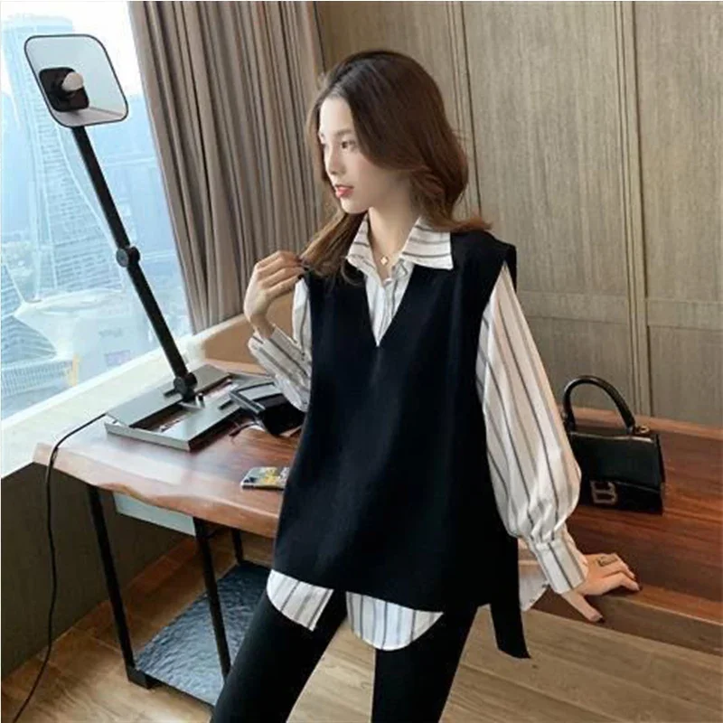 Polo Collar Vertical Stripe Shirt Black Vest Two-piece Set for Women\'s 2024 Spring Autumn New Korean Casual Fashion Unique Top