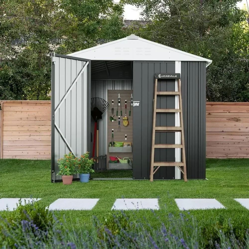 /-Outdoor Storage Shed 6 x 8 FT Lockable Metal Garden Shed Steel Anti-Corrosion Storage House with Single Lockable Door ,White