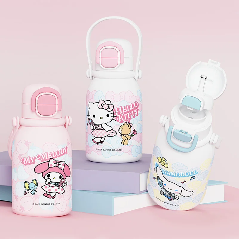 Sanrio Characters 600ml Double Drink Insulated Water Bottle Cute Cartoon 316 Stainless Steel Thermos Cup Portable Strap Gift