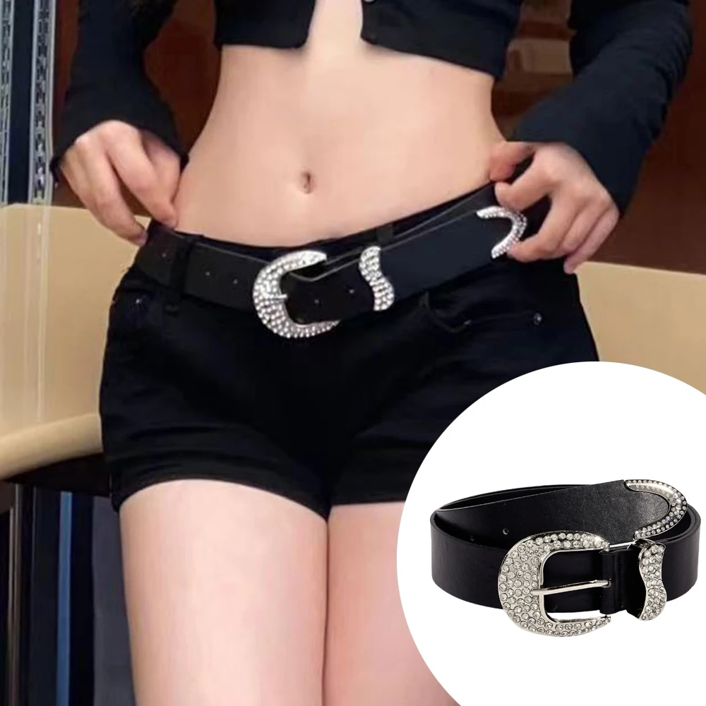 

Glitter Rhinestone Buckle Belt Jeans Pants Decorative Waistband Casual PU Leather Waist Strap Inlaid Rhinestone Metal Pin Buckle