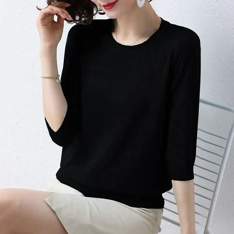 Women\'s Fashion Hollow Solid Elegant Thin Basic Knitwear 2024 Spring Summer Simple Casual O Neck 3/4 Sleeve Loose Pullover Tops