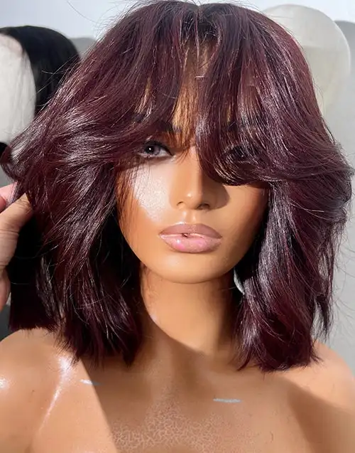 

99J Burgundy Red Short Natural Wavy Bob Lace Wig With Bangs 13x4 HD for Women Synthetic And Blend Lace Wigs Glueless Cosplay