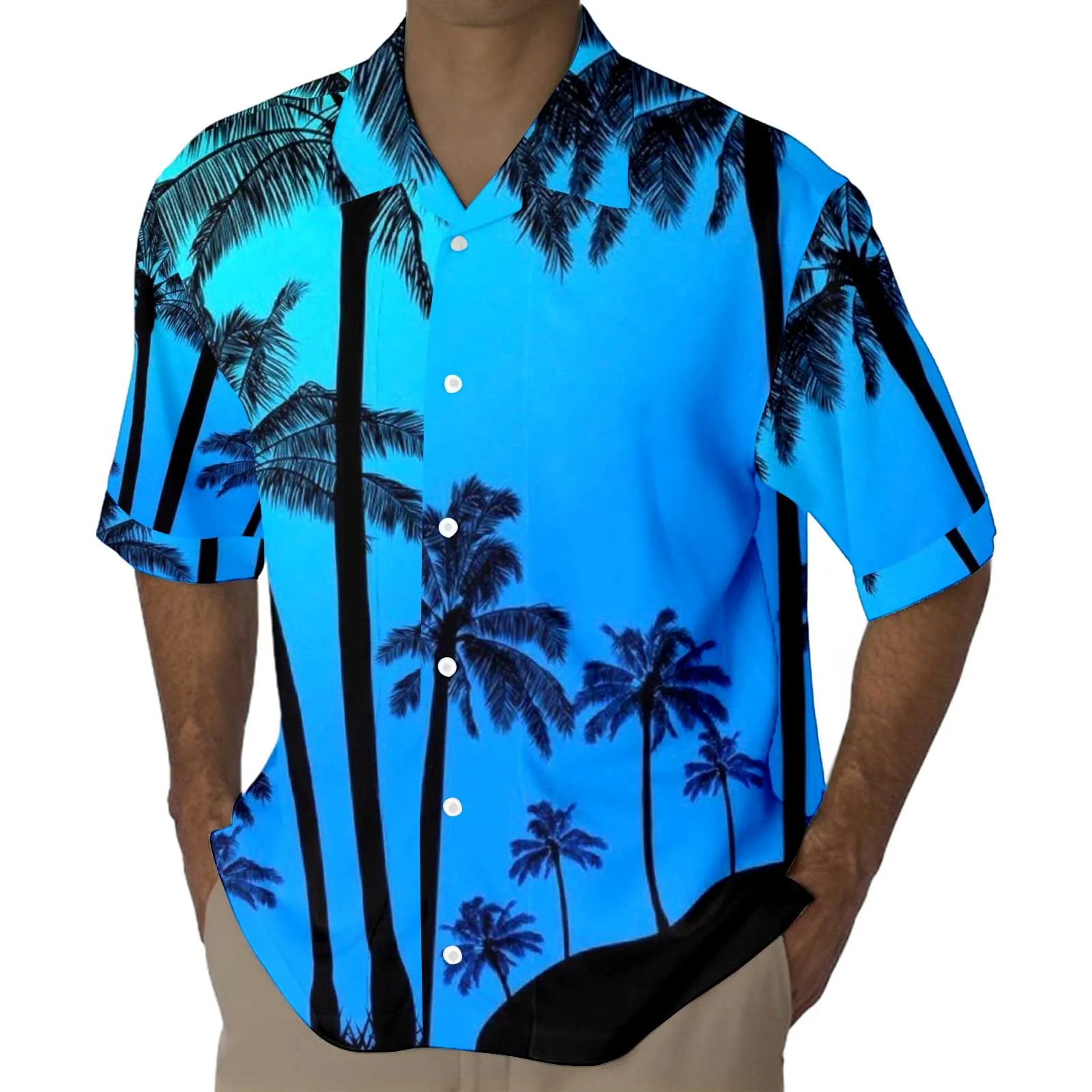 Hawaiian Seaside Coconut Sunset Print Men's Shirts 2024 Summer Short Sleeved Lapel Beach Vacation Casual Button Up Clothing Tops