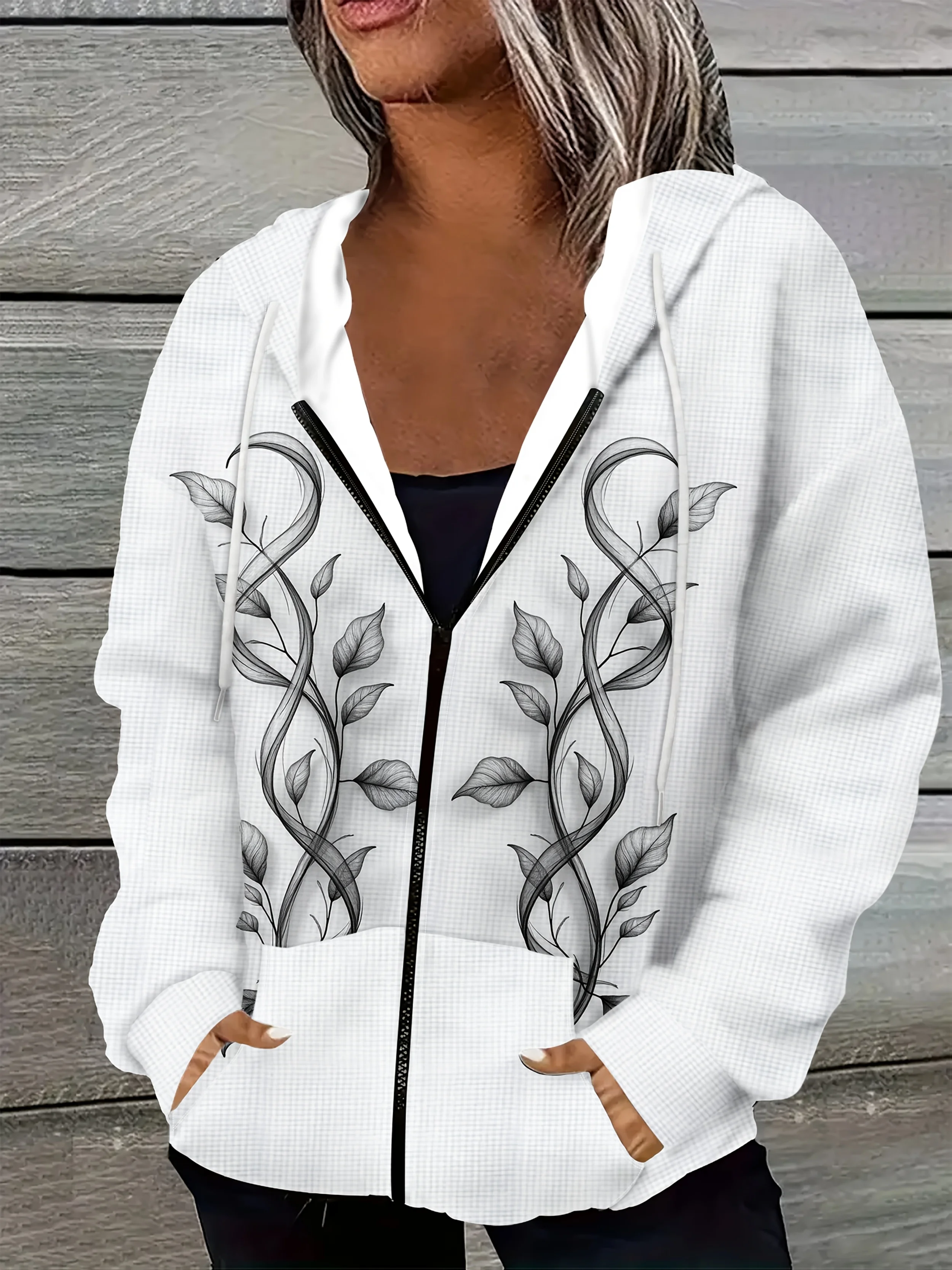 Bedrucktes Design im lässigen Stil mit Blatt- und Rankenmuster, bedruckte Damen-Freizeitjacke