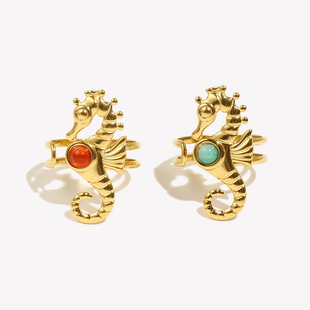 E.B.belle New Natural Amazonite Stone Seahorse Cuff Ring Ocean Style PVD Plated Stainless Steel Fashion Women Jewelry