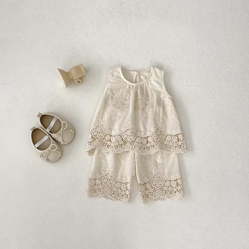 

MILANCEL New Summer Baby Clothes Set Infant Cute Lace Vest +Pants Girls Embroidered Flowers Outfit