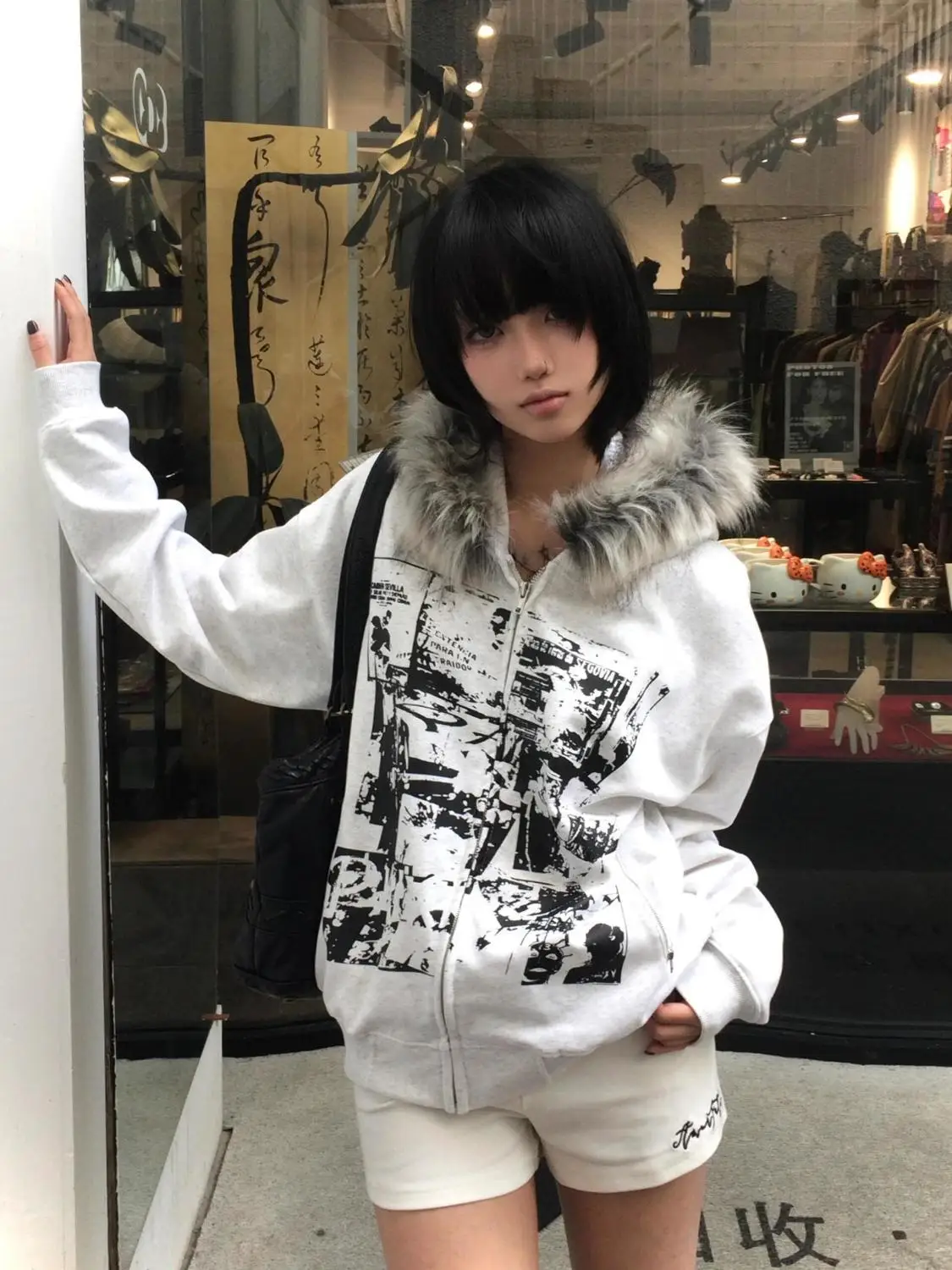 Printed Sweatshirts Women Subculture Faxu Fur Jacket Coats Korean Fashion Harajuku Gothic Printed Clothing Y2k Zipper Outwear