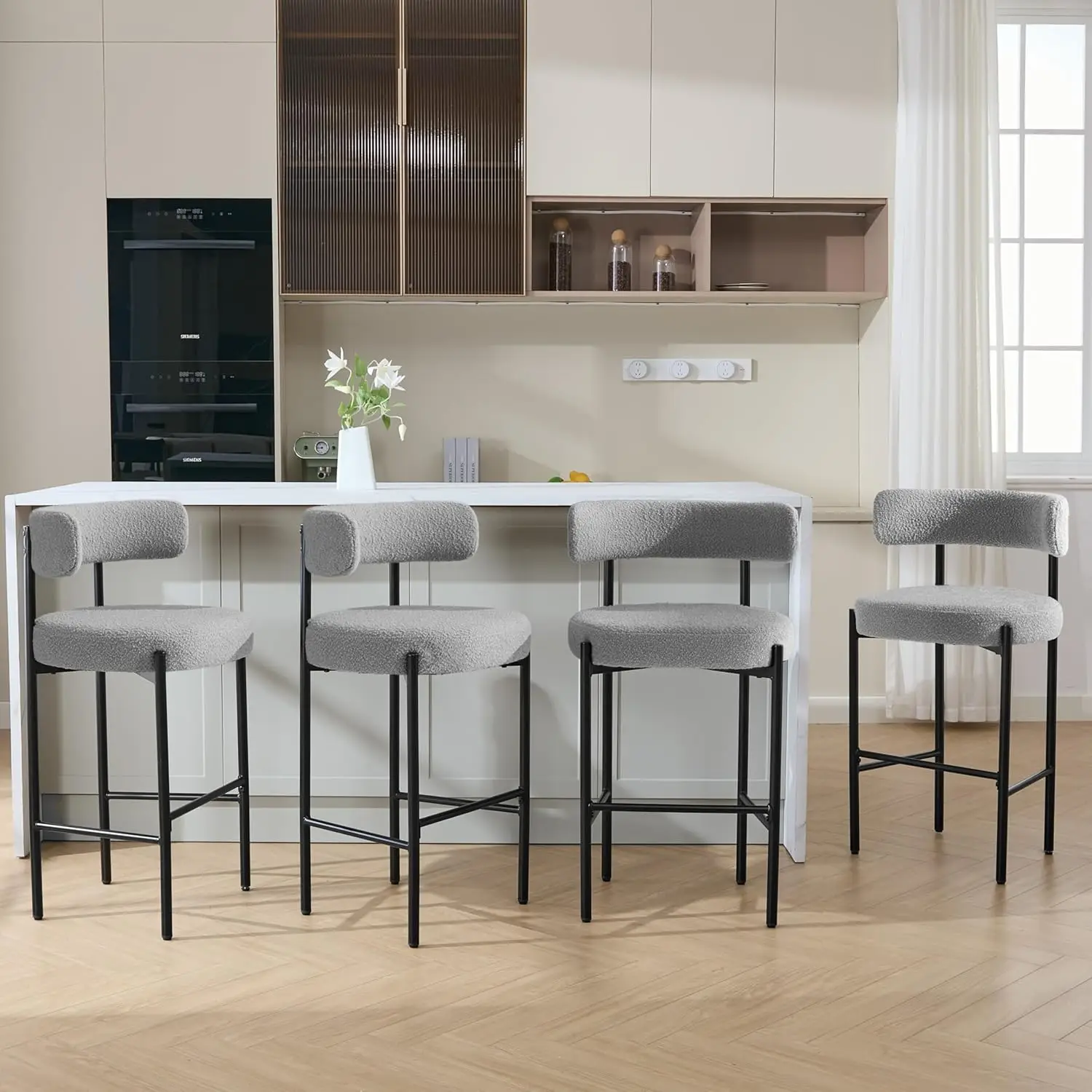 

Bar Height Stools, 28'' Grey Bar Stools Set of 4, Boucle Tall Barstools with Back, Mid-Century Modern Bar Chairs for Kitchen Isl