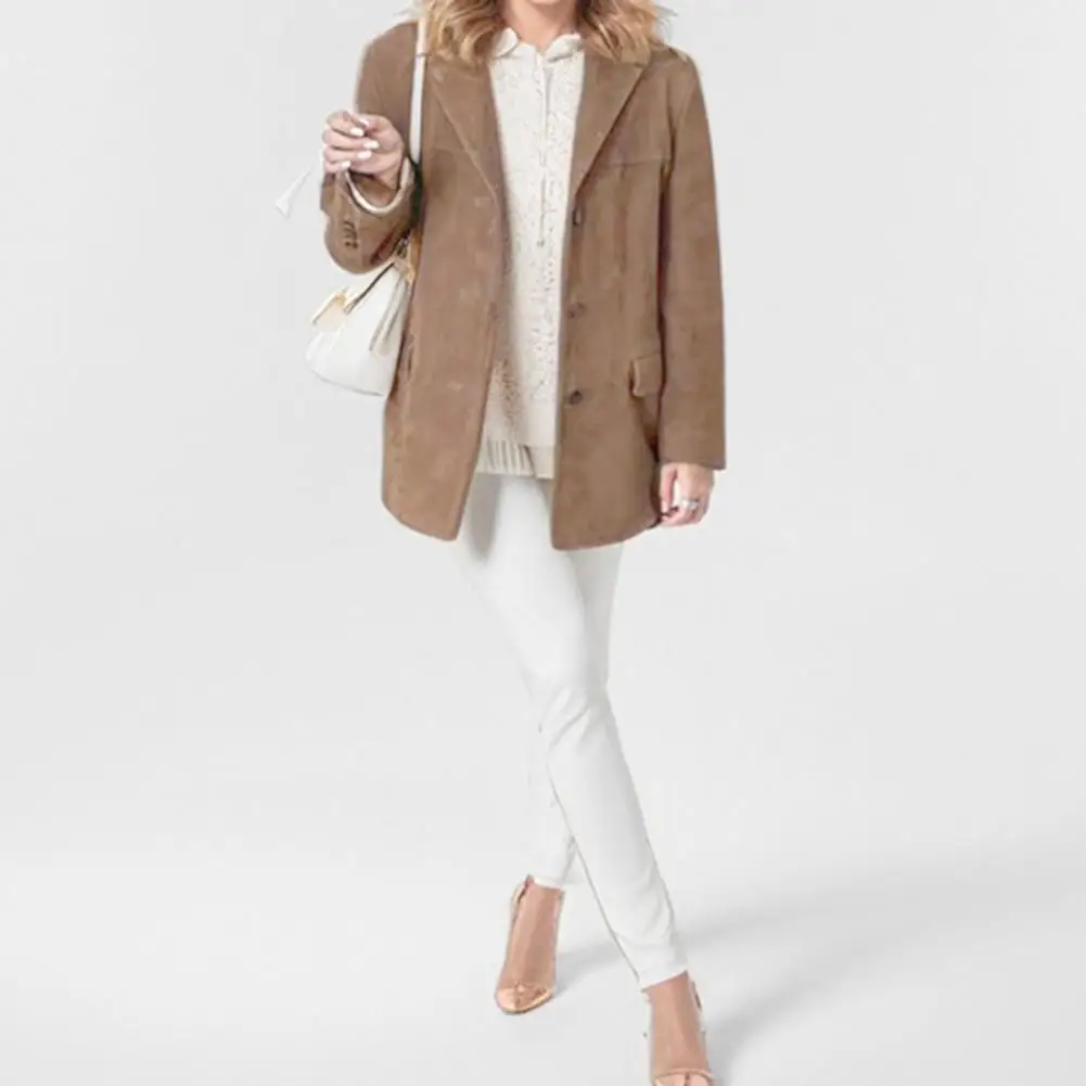 

Retro Suede Women's Jackets Outerwears Fashion Turn-down Collar Button Workwear Top Long Sleeve Slim Autumn Coat Cardigans