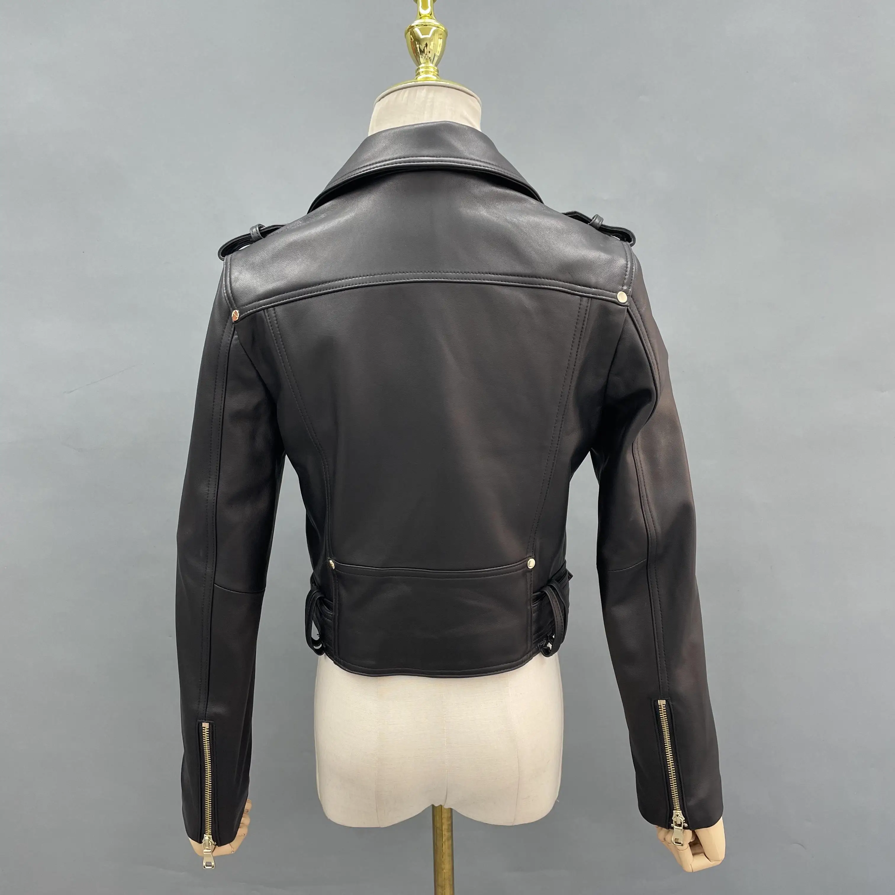 JANEFUR-Veste en cuir véritable pour femme, manteau de motard en peau de mouton véritable, coupe slim, court, noir, mode