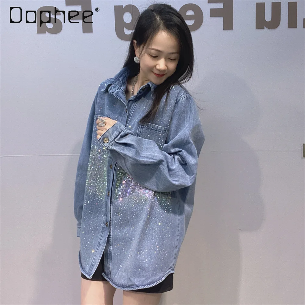 

Блестящая джинсовая рубашка с длинным рукавом и принтом «Звездное небо» для женщин, новая модная джинсовая блузка для весны и осени, трендовый женский топ