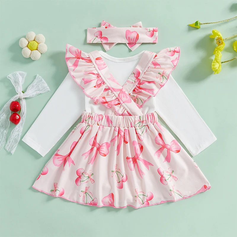 Adorable Baby Girls Autumn Ensemble featuring Bow Headband Cherry Bow Patterned Rompers and Suspender Skirts - 3 Piece Set