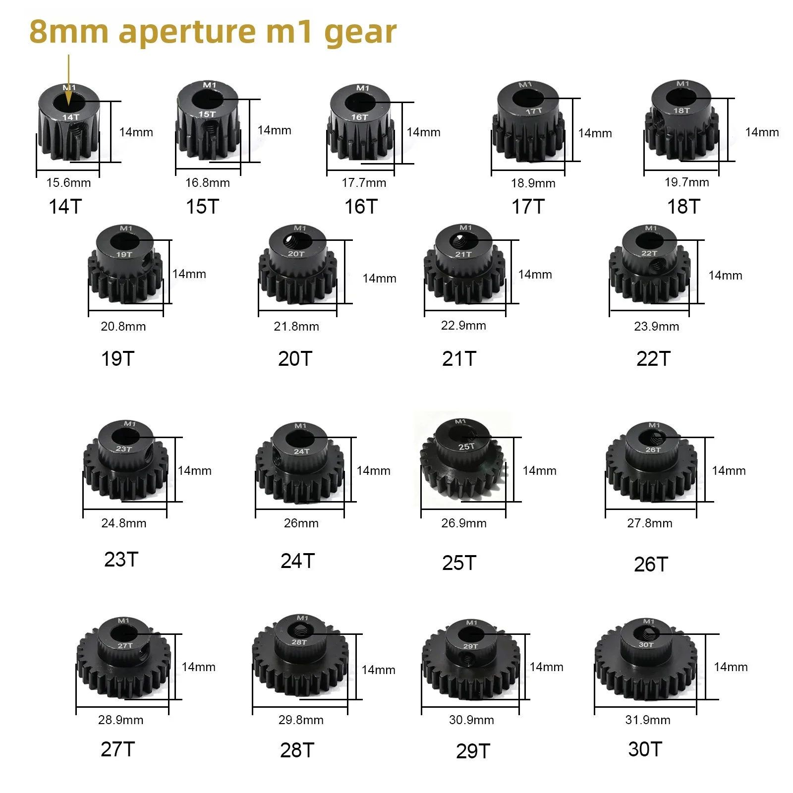 เฟือง M1 8 มม. 14-20T 21T-25T 26T-30T เฟืองมอเตอร์พีเนียนสำหรับรถ 1/5, 1/6, 1/7, 1/8 Trsx ARRMA 4WD Outcast 8S EXBRC แกนเพลามอเตอร์รถ