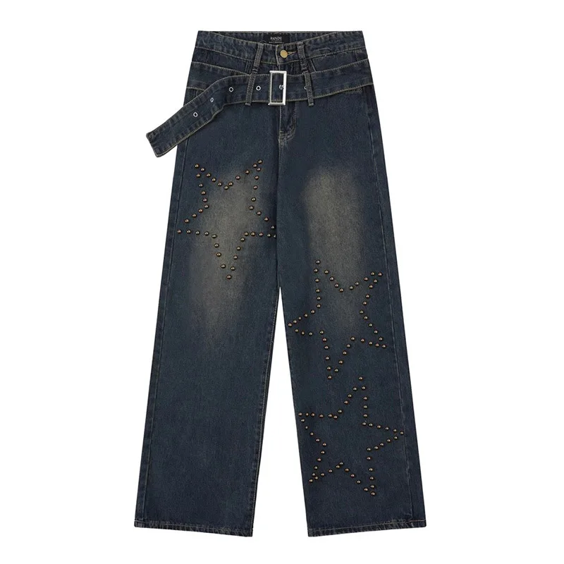 

Star Drill Hip Hop Straight Jeans Pants Men Harakuju Loose Baggy Denim Trousers Hi Street