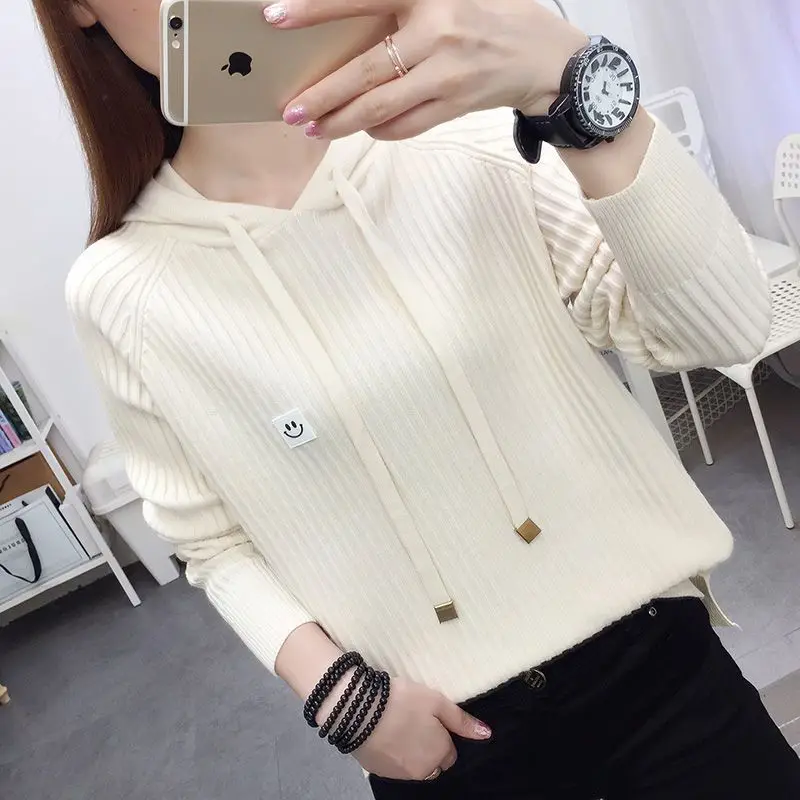 Fashion Hooded Solid Color Knitted Spliced All-match Sweaters Women\'s Clothing 2022 Autumn New Casual Pullovers Loose Warm Tops