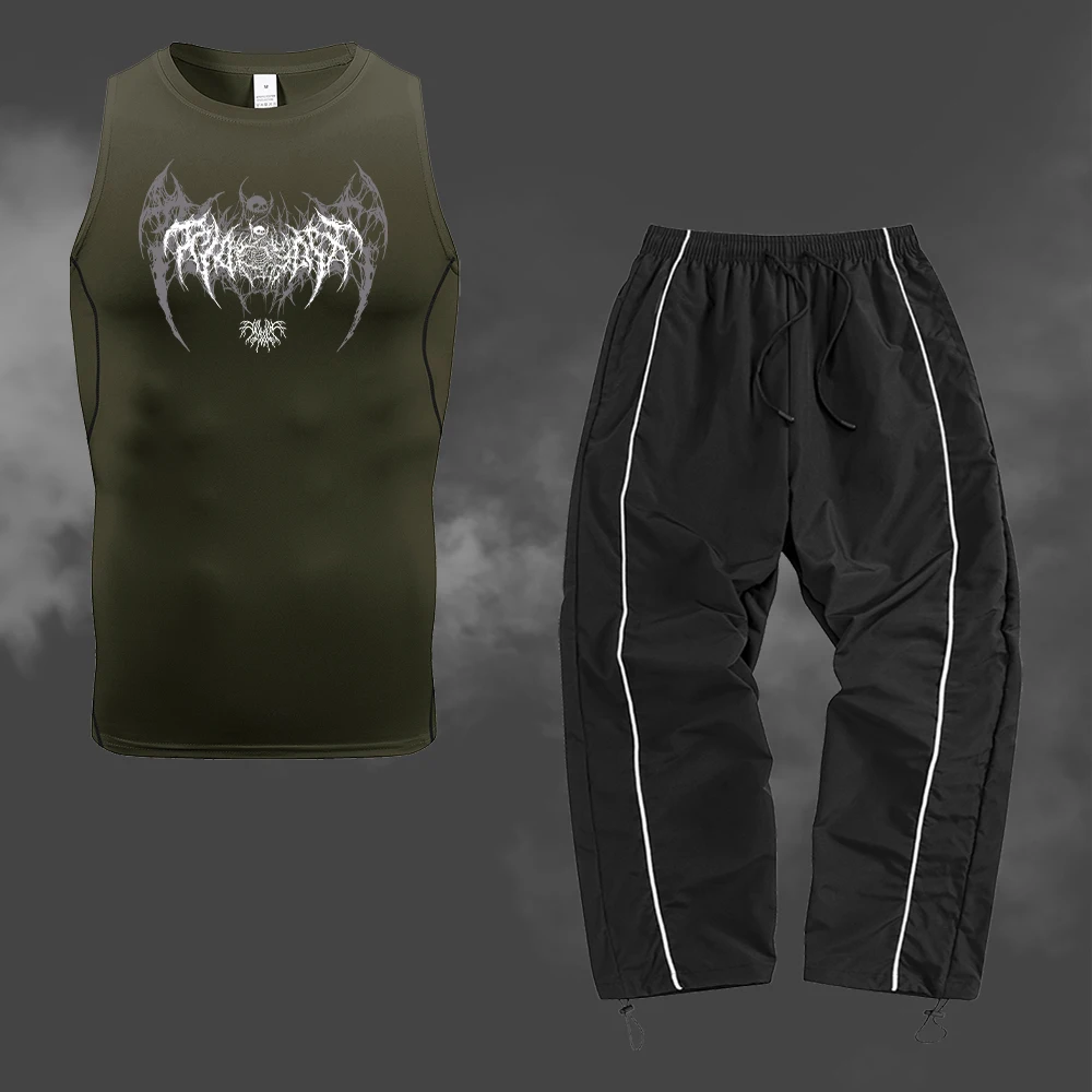 Dark Gothic Style Wing Print Vest For Men Loose Fit Jogger Trouser Casual Two Piece Set Street Style Everyday Commute Wear